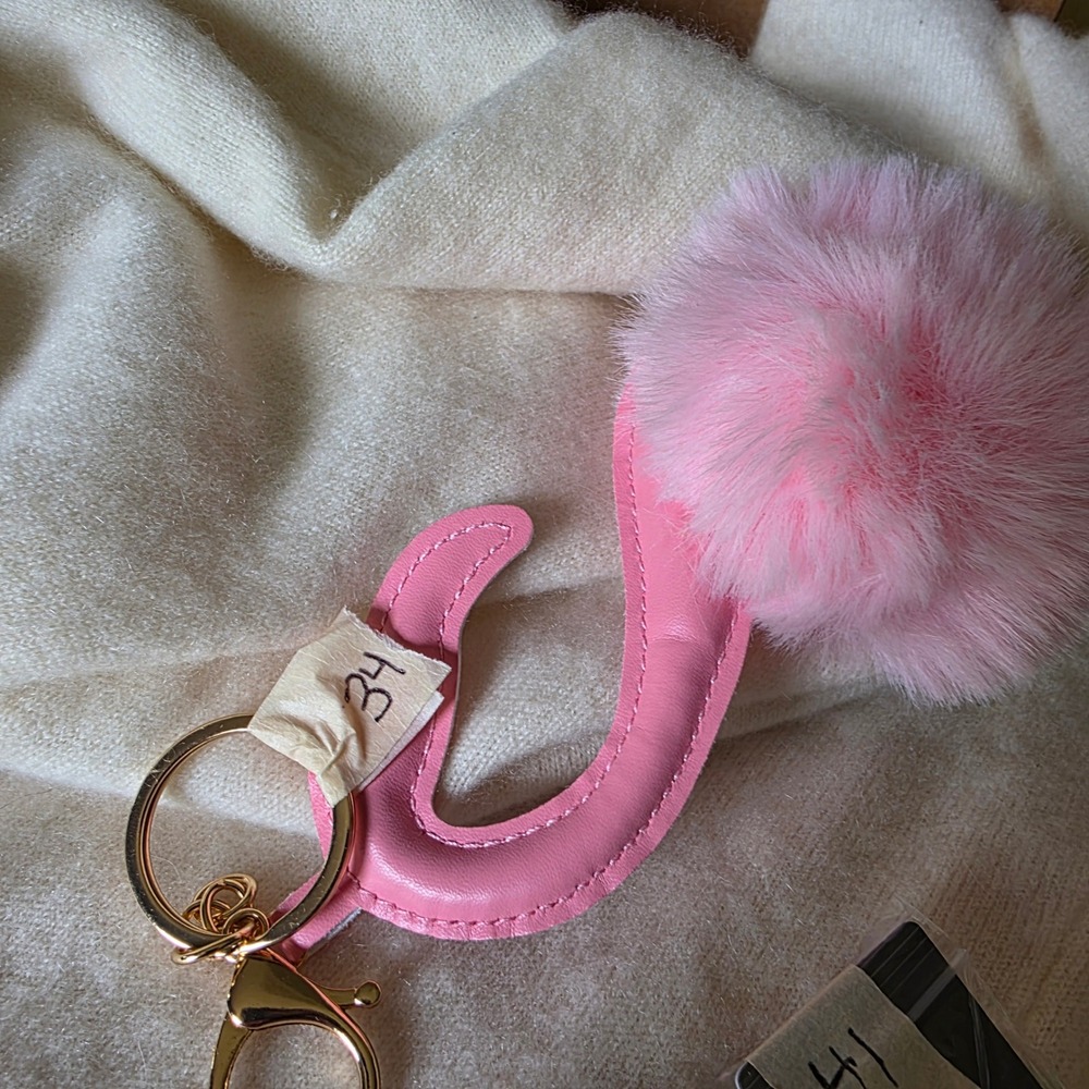 Pink Flamingo Pom Pom Keychain Bag Charm Faux Leather Gold Tone Clasp Accessory - Picture 4 of 4